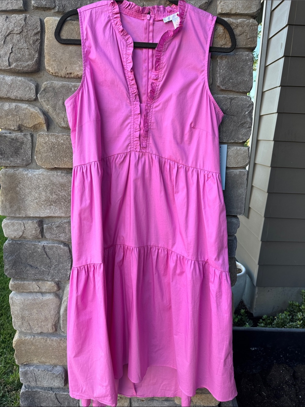 NWT London Times Pink Midi Length ruffle tiered Dress Womens 12 Cotton hi low